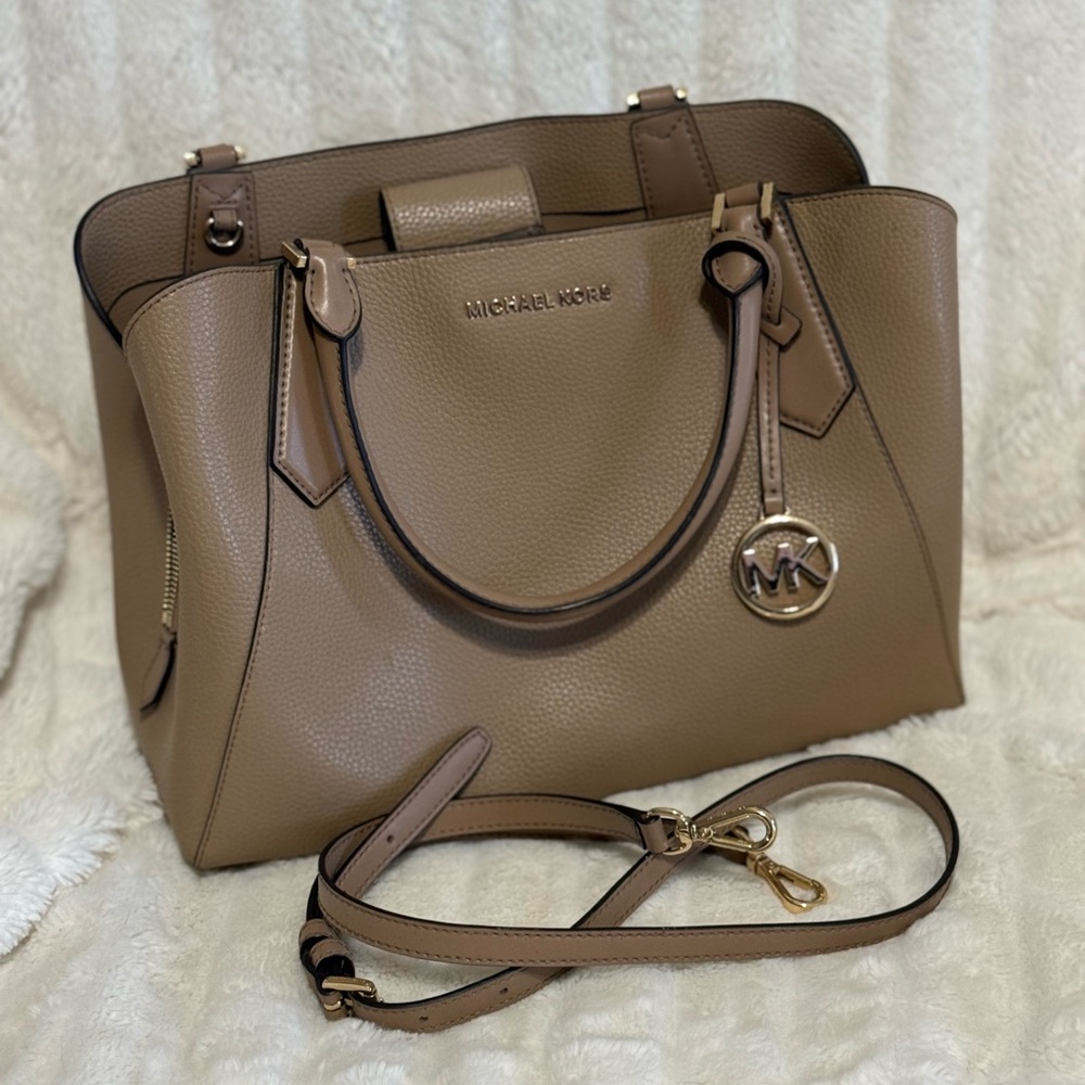 Michael Kors Kimberly medium Satchel Crossbody Handbag Dark Khaki Pebble Leather